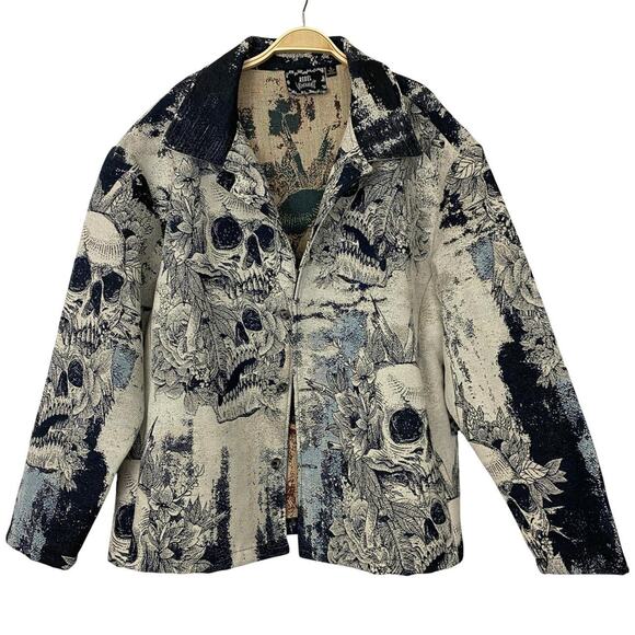 Rebel Vengeance Other - Rebel Vengeance Mens Gothic Skull Tapestry Jacket L Navy Skater Grunge Punk NWT